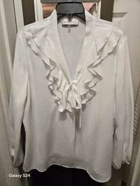 Kasper White Ruffle Tie-Neck Blouse